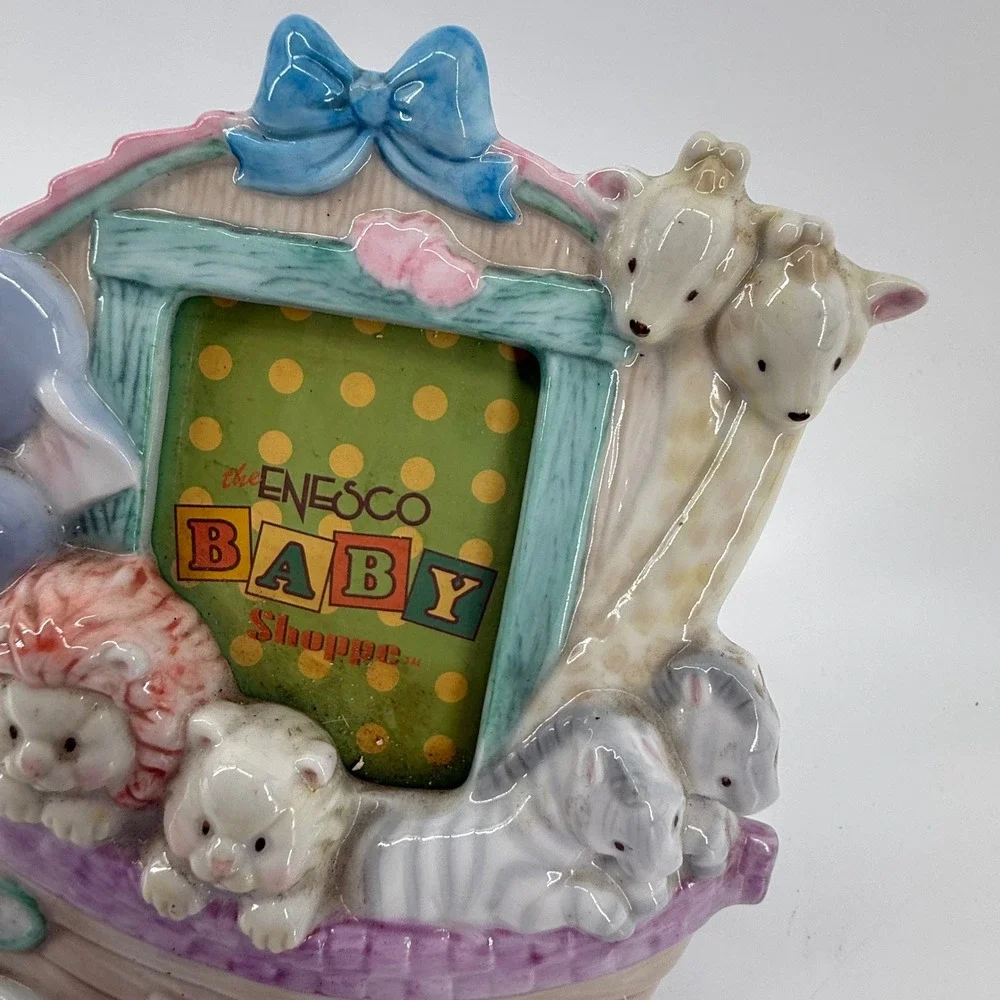 Enesco Baby Shoppe Noahs Ark Ceramic Photo Frame Pastel Animals Nursery Decor